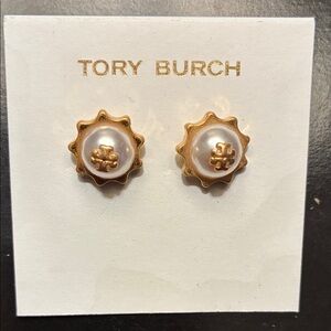 Tory Burch Gold and White Logo Stud Earrings